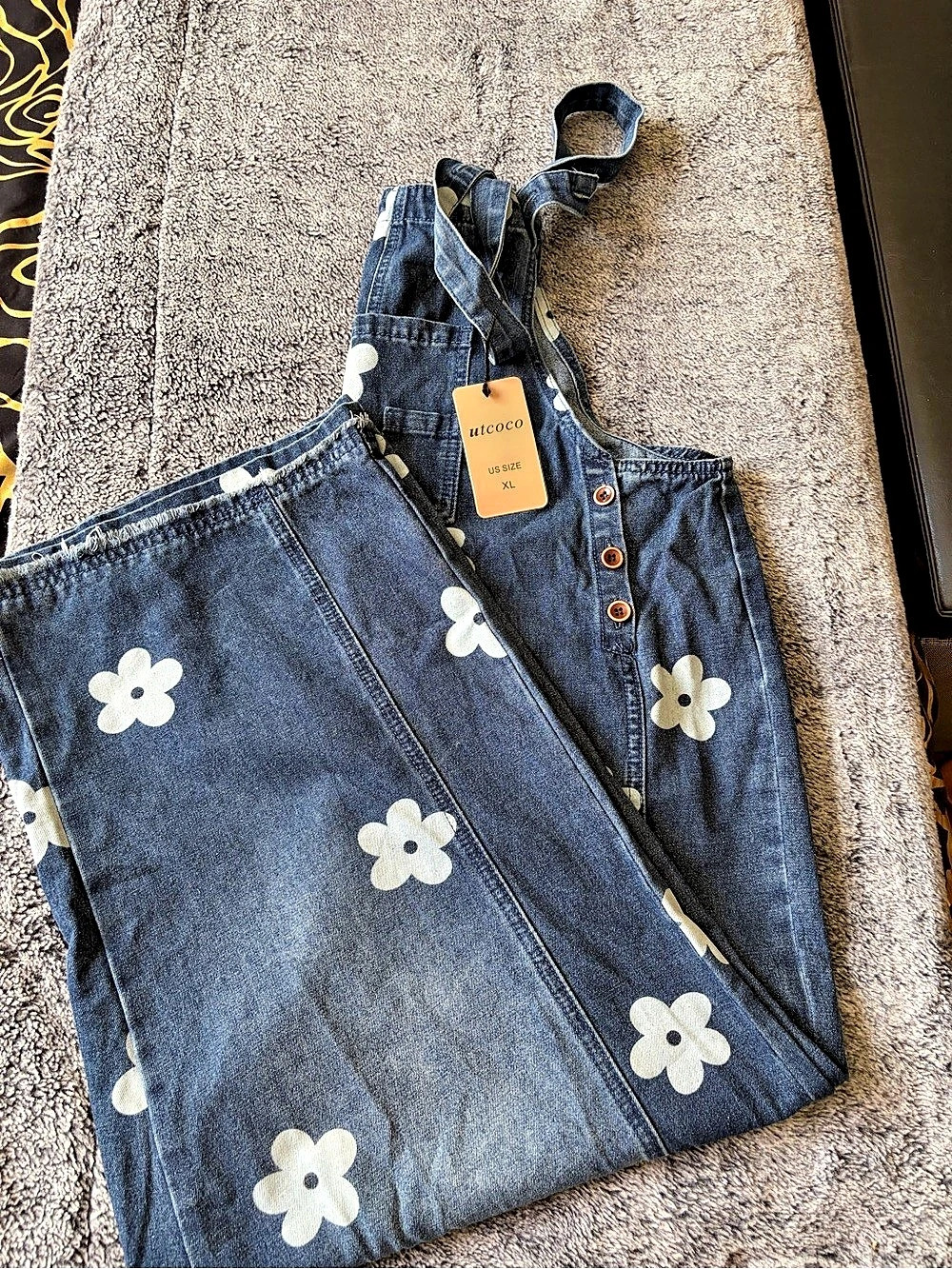 utococo Floral Denim Overalls in Blue & White XL NWT